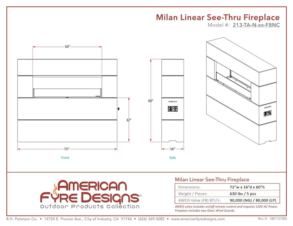 American Fyre Designs Firetable Milan Tall Liner Firetable