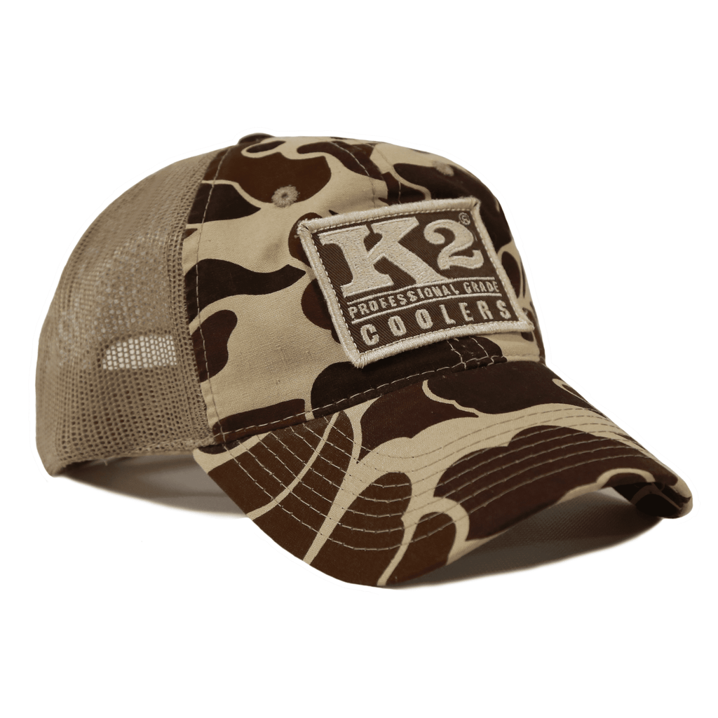 K2 Coolers Trucker Hat K2 Coolers Trucker Hat - Brown Old School Camo W/patch - Mesh Back