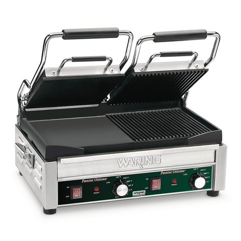 Image of Waring Commercial Grill Waring Commercial Dual Grill — Half Panini and Half Flat Grill — 240V  (17" x 9.25" cooking surface)