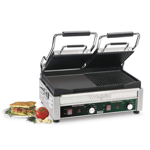 Image of Waring Commercial Grill Waring Commercial Dual Grill — Half Panini and Half Flat Grill with Timer — 240V  (17" x 9.25" cooking surface)