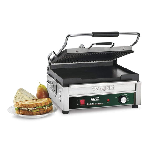 Image of Waring Commercial Grill Waring Commercial Dual Grill — Ribbed Top Plate, Flat Bottom Plate — 120V  (14.5" x 11" cooking surface)