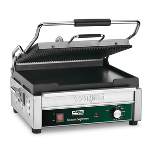 Waring Commercial Grill Waring Commercial Dual Grill — Ribbed Top Plate, Flat Bottom Plate — 120V  (14.5" x 11" cooking surface)