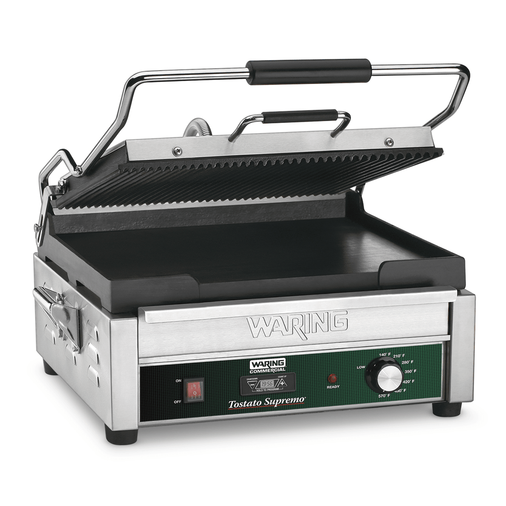 Waring Commercial Grill Waring Commercial Dual Grill — Ribbed Top Plate, Flat Bottom Plate with Timer — 120V  (14.5" x 11" cooking surface)