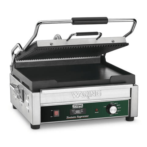 Image of Waring Commercial Grill Waring Commercial Dual Grill — Ribbed Top Plate, Flat Bottom Plate with Timer — 120V  (14.5" x 11" cooking surface)