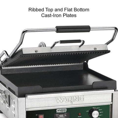 Image of Waring Commercial Grill Waring Commercial Dual Grill — Ribbed Top Plate, Flat Bottom Plate with Timer — 120V  (14.5" x 11" cooking surface)