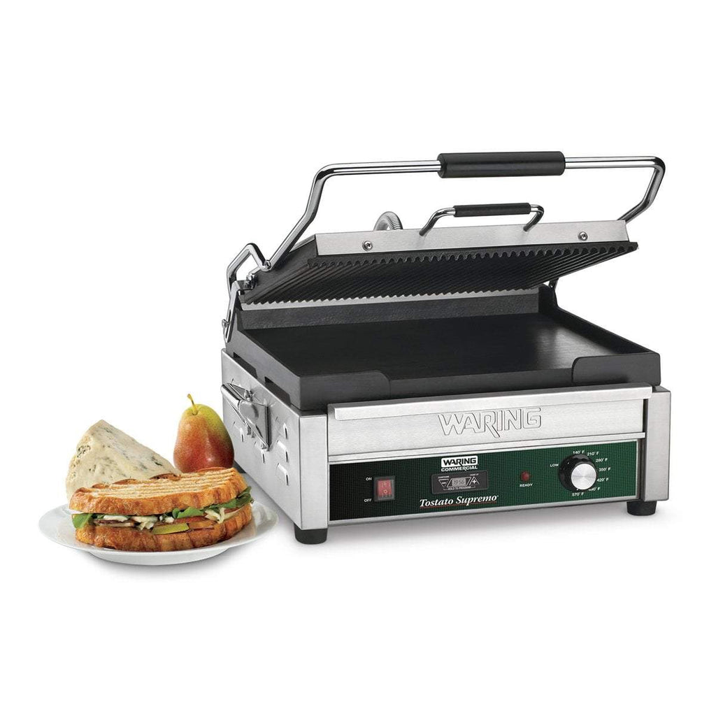Waring Commercial Grill Waring Commercial Dual Grill — Ribbed Top Plate, Flat Bottom Plate with Timer — 120V  (14.5" x 11" cooking surface)