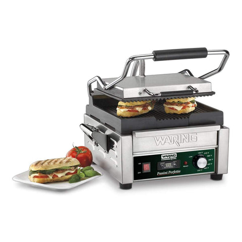 Image of Waring Commercial Grill Waring Commercial Panini Perfetto® Compact Panini Grill with Timer — 120V  (9.75" x 9.25" cooking surface)