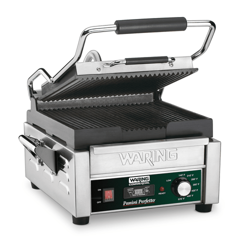 Image of Waring Commercial Grill Waring Commercial Panini Perfetto® Compact Panini Grill with Timer — 120V  (9.75" x 9.25" cooking surface)