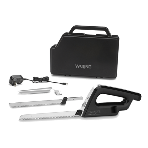 Image of Waring Commercial Prep Waring Commercial Cordless Rechargeable Electric Knife w/Bread and Carving Blades, Thickness Guide & Case