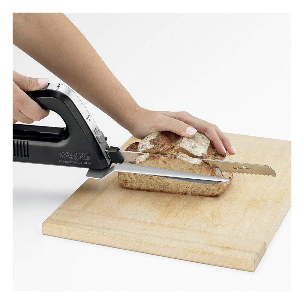 Waring Commercial Cordless Rechargeable Electric Knife w/Bread and Carving Blades, Thickness Guide & Case